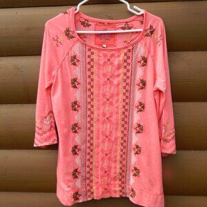 Johnny Was Blue Embroidered Top T-shirt Blouse 3/4 Sleeves small